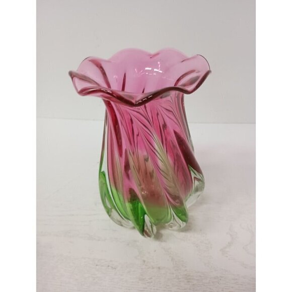VTG Watermelon Twist Pink Green Art Glass Hand Blown Murano Style Vase 7.5" - Picture 7 of 10